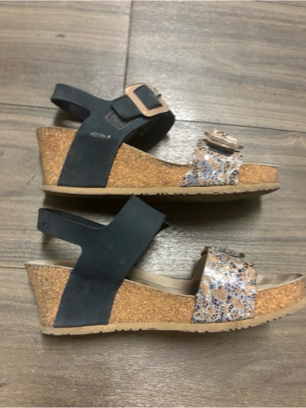 Mephisto Black and Beige Patterned Cork Wedge Sandals